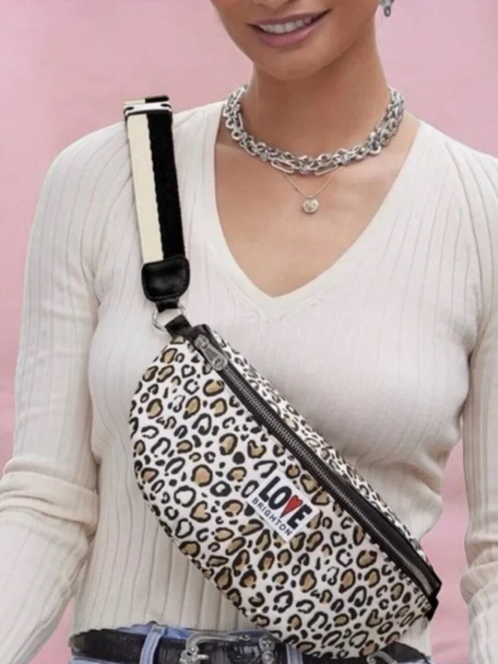 Brighton Wild Cat Leopard Print Belt Bag Crossbody LOVE Patch NWT